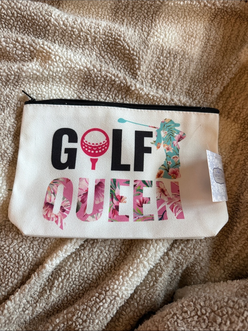 Golf Queen Floral Print Canvas Zip Pouch - Pink & White